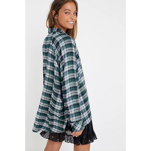 UO Brendan Green Drapey Flannel Christmas Button up shirt slub oversized S plaid - Picture 4 of 9